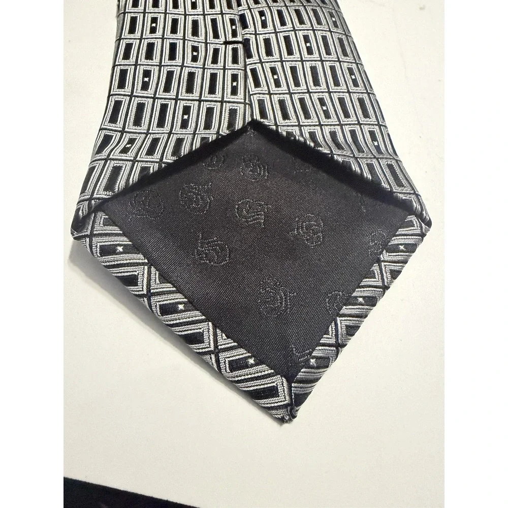 Bellini New York Milan Mens Silk Tie Silver Black Geometric Hand Made Necktie